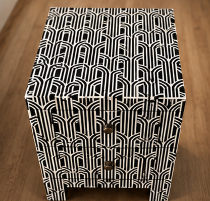 Black and White Linear Bone Inlay Bedside Table with Two Drawers