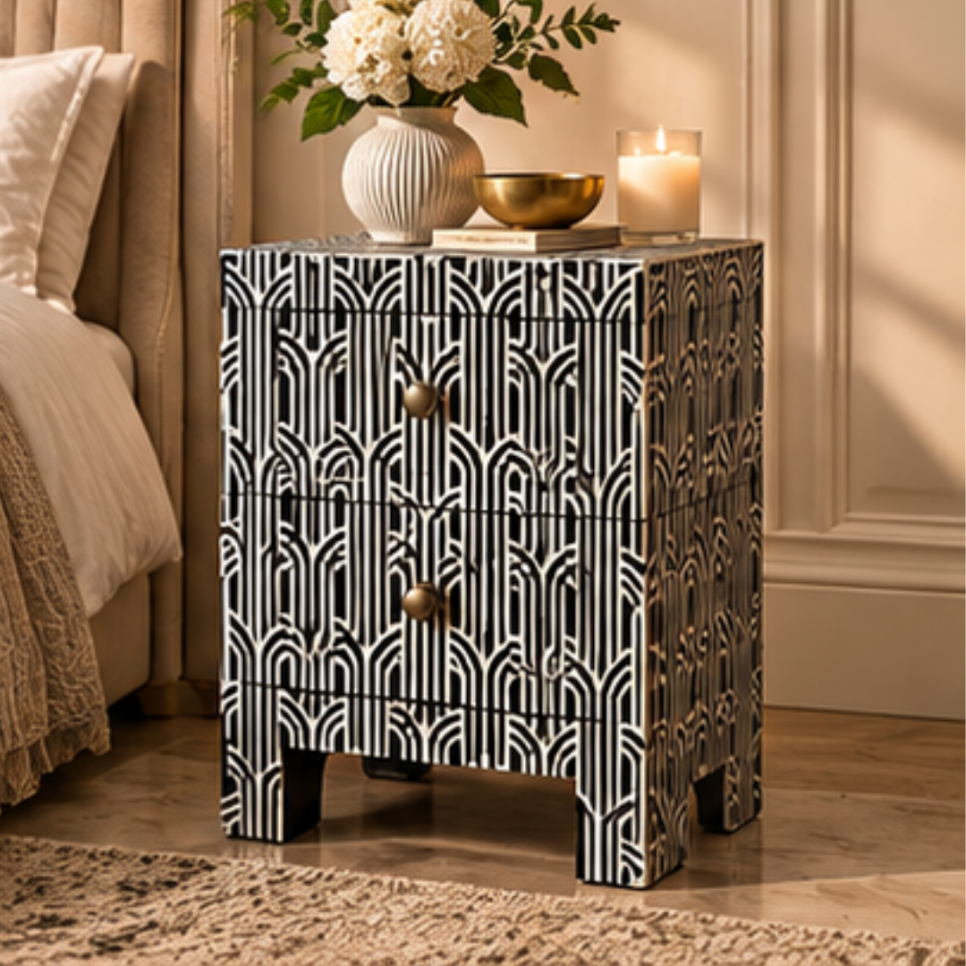 Black and White Linear Bone Inlay Bedside Table with Two Drawers