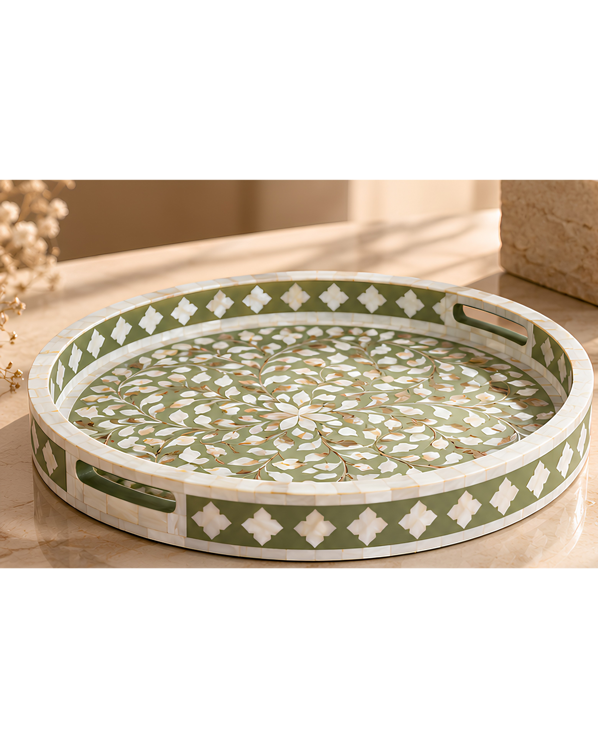 Olive Mother of Pearl Inlay Round Serving Tray