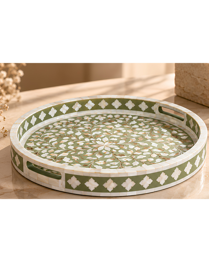 Olive Mother of Pearl Inlay Round Serving Tray