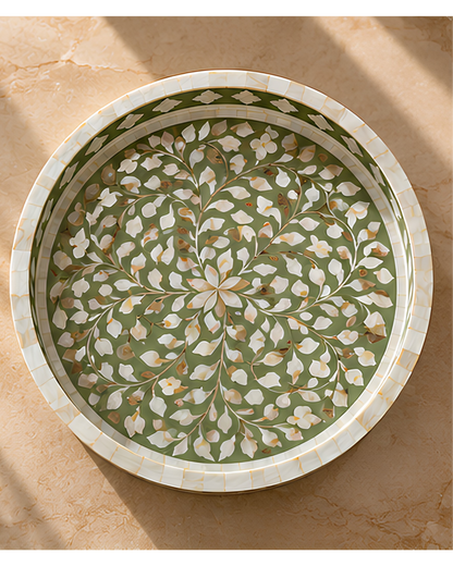 Olive Mother of Pearl Inlay Round Serving Tray