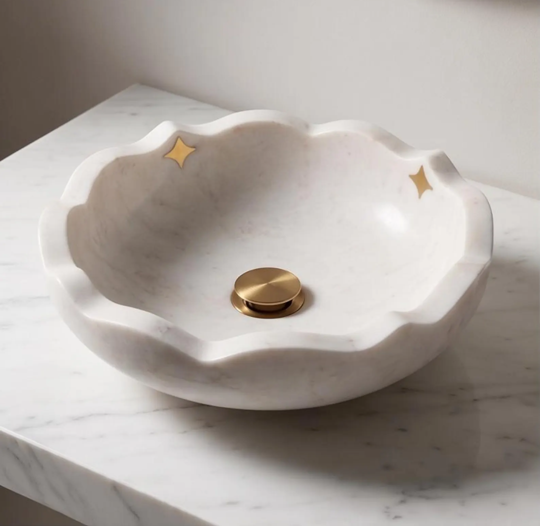 White Marble Scalloped Vessel Sink with Metal Stars