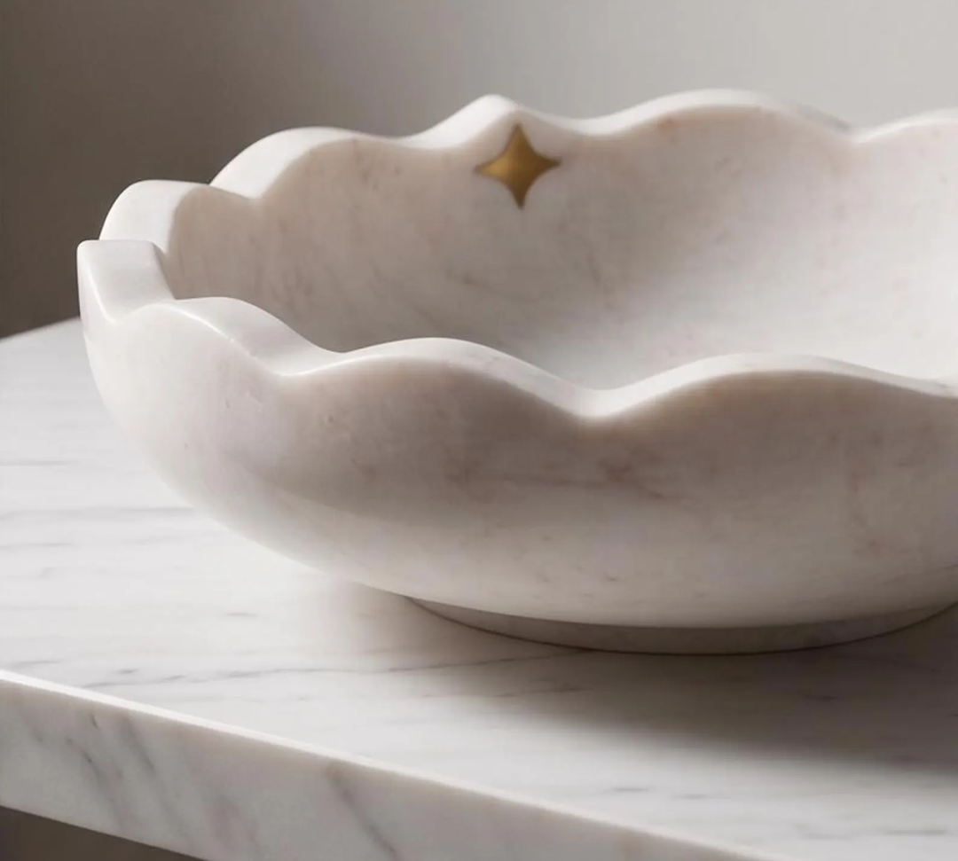 White Marble Scalloped Vessel Sink with Metal Stars
