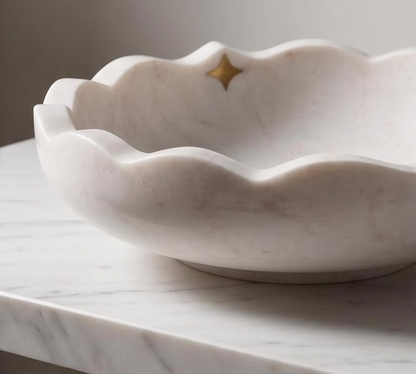 White Marble Scalloped Vessel Sink with Metal Stars