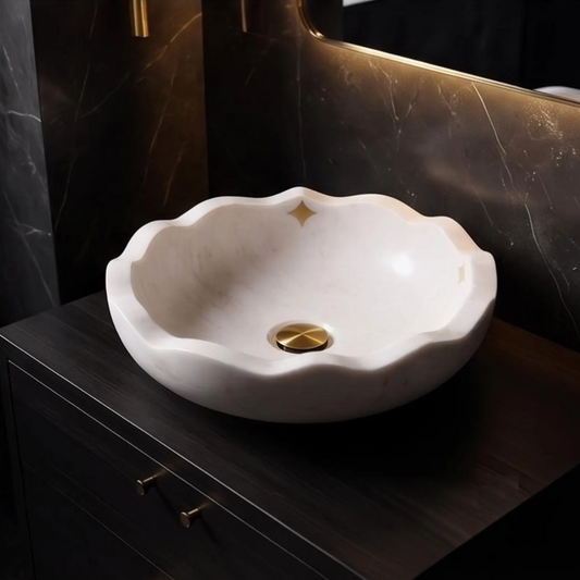 White Marble Scalloped Vessel Sink with Metal Stars