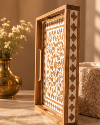 Wood Inlay Rectangular Serving Tray