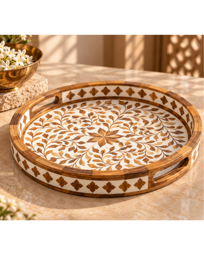 Wood Inlay Round Serving Tray