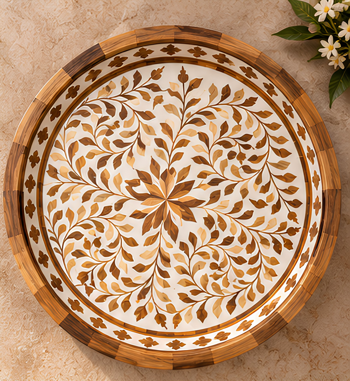 Handcrafted wood inlay round decorative serving tray