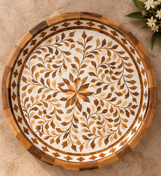Handcrafted wood inlay round decorative serving tray