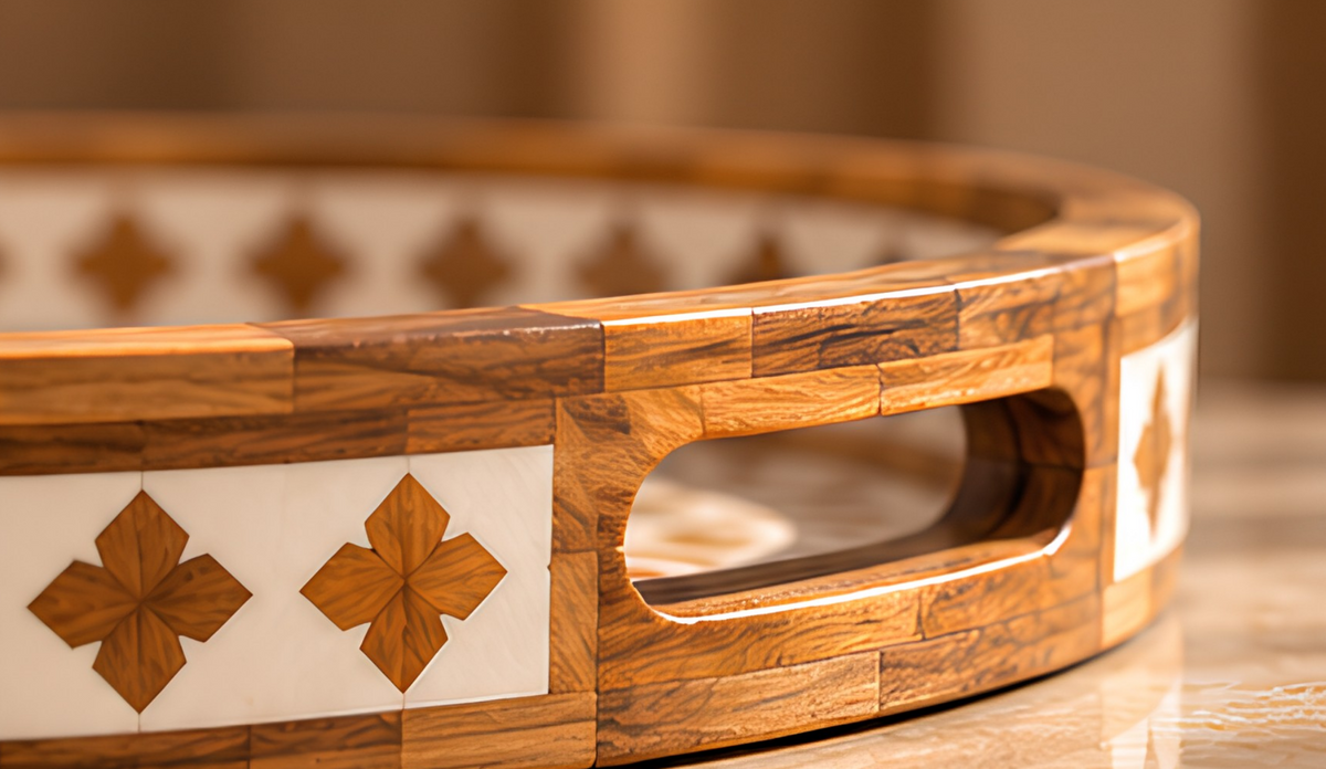 Handcrafted wood inlay round decorative serving tray