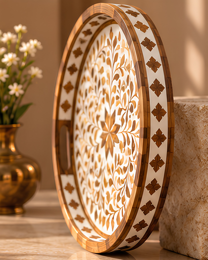 Handcrafted wood inlay round decorative serving tray