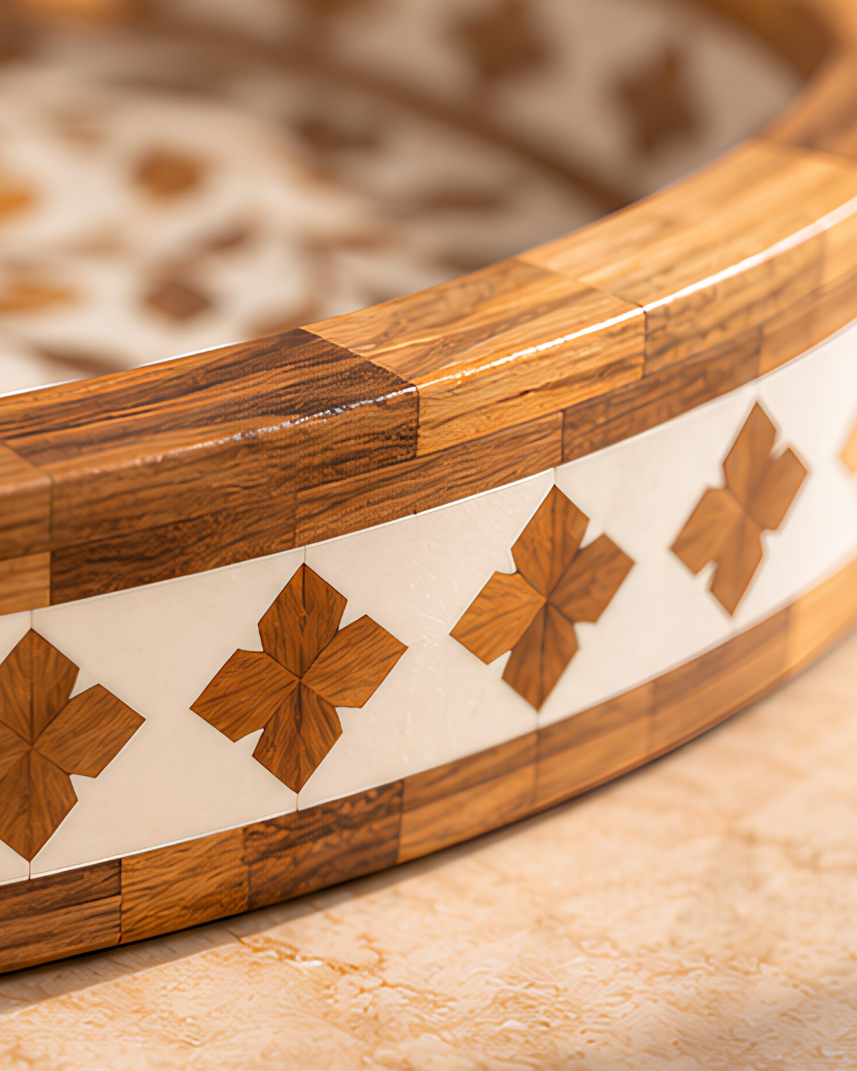 Handcrafted wood inlay round decorative serving tray