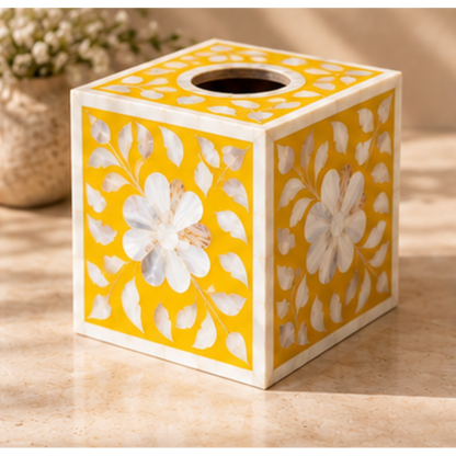 Saffron Gold mother of pearl inlay tissue box cover with handcrafted floral design decorative tissue holder