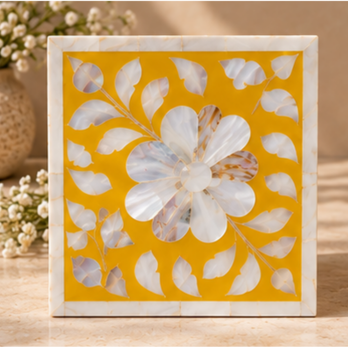 Saffron Gold mother of pearl inlay tissue box cover with handcrafted floral design decorative tissue holder