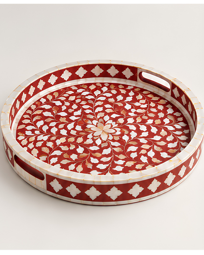 Ruby Red Mother of Pearl Inlay Round Serving Tray