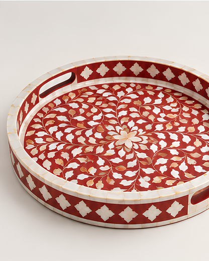 Ruby Red Mother of Pearl Inlay Round Serving Tray