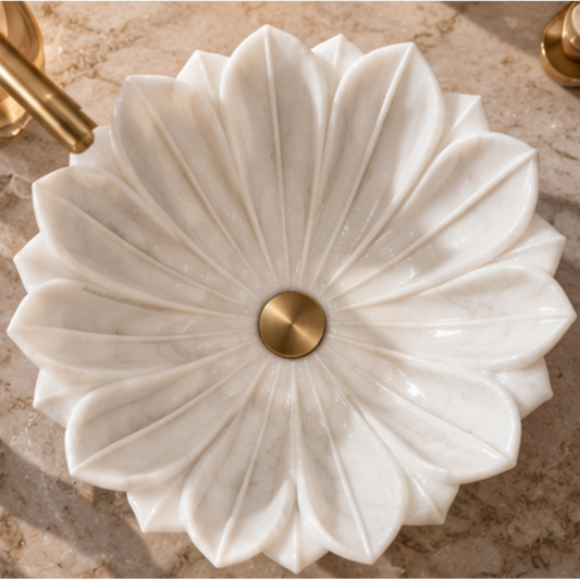 White marble floral vessel sink hand-carved natural stone countertop wash basin for luxury bathroom